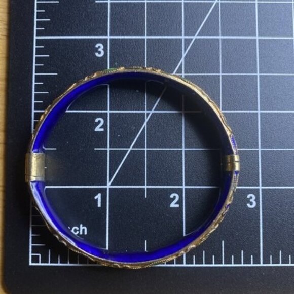 Vintage Cloisonné Bangle Bracelet Blue Gold Floral Motif Enamel Hinged 7"x1/3"w - Picture 15 of 15